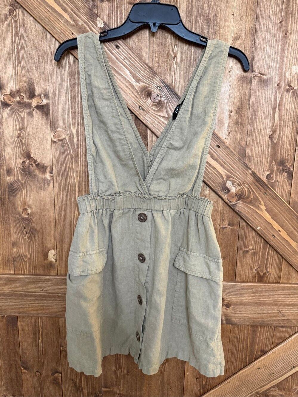 Zara Women’s Small Khaki Linen Cotton Button Front Pinafore Mini Dress (9437)
